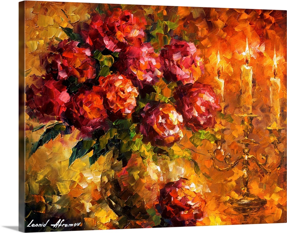 Contemporary colorful painting of a bouquet of red roses sitting on a table next to a candelabra.