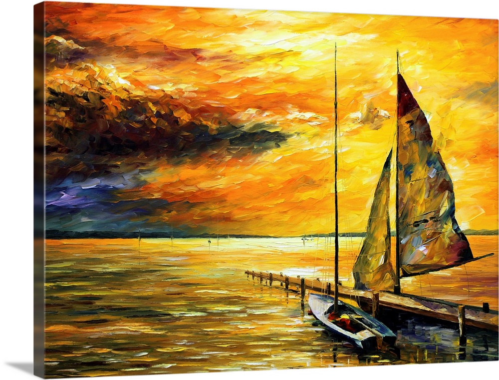 Landscape, large painting of two sailboats floating next to a dock, beneath a vibrant golden sunset over rippling waters. ...