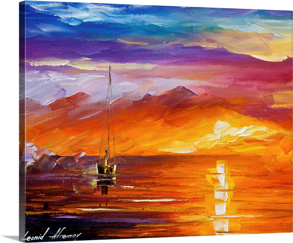 Contemporary colorful painting of the sun setting over a still sea, with a sailboat in the distance.