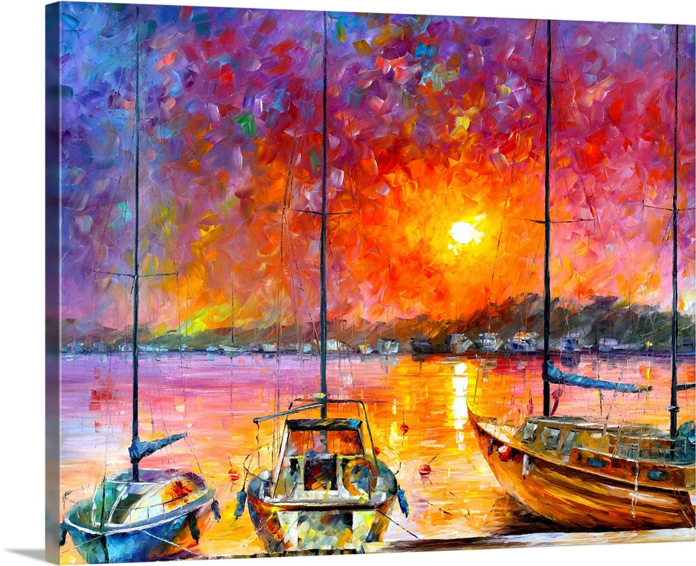 Warm and bold colored painting of sailboats docked in front of a sunset.