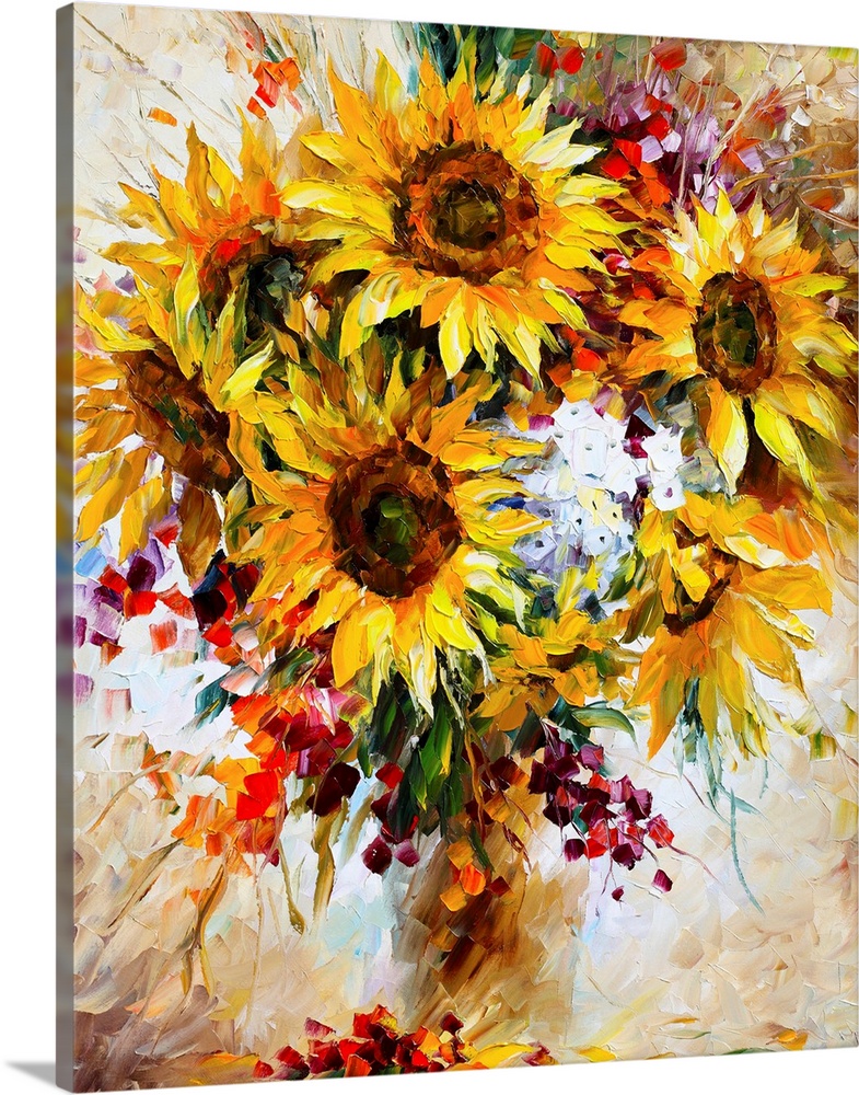 Boldly colored contemporary painting of a bouquet of sunflowers and other florals in a vase.