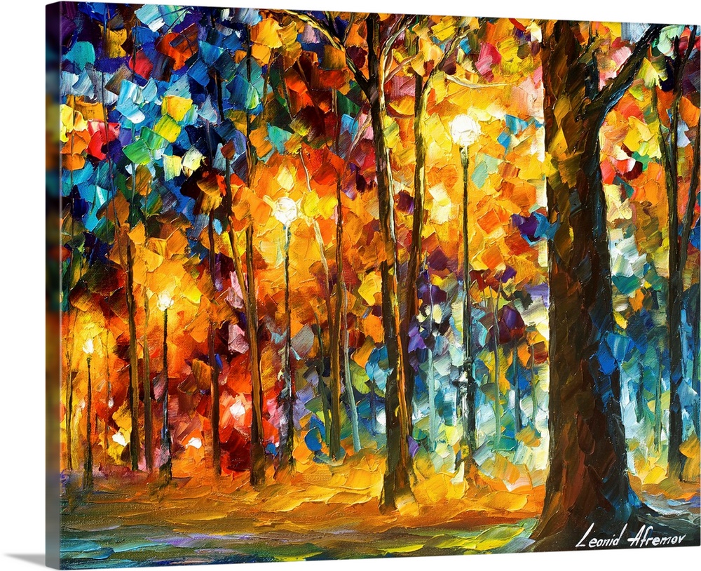 Contemporary colorful painting of a line of trees and light posts illuminated in the evening.