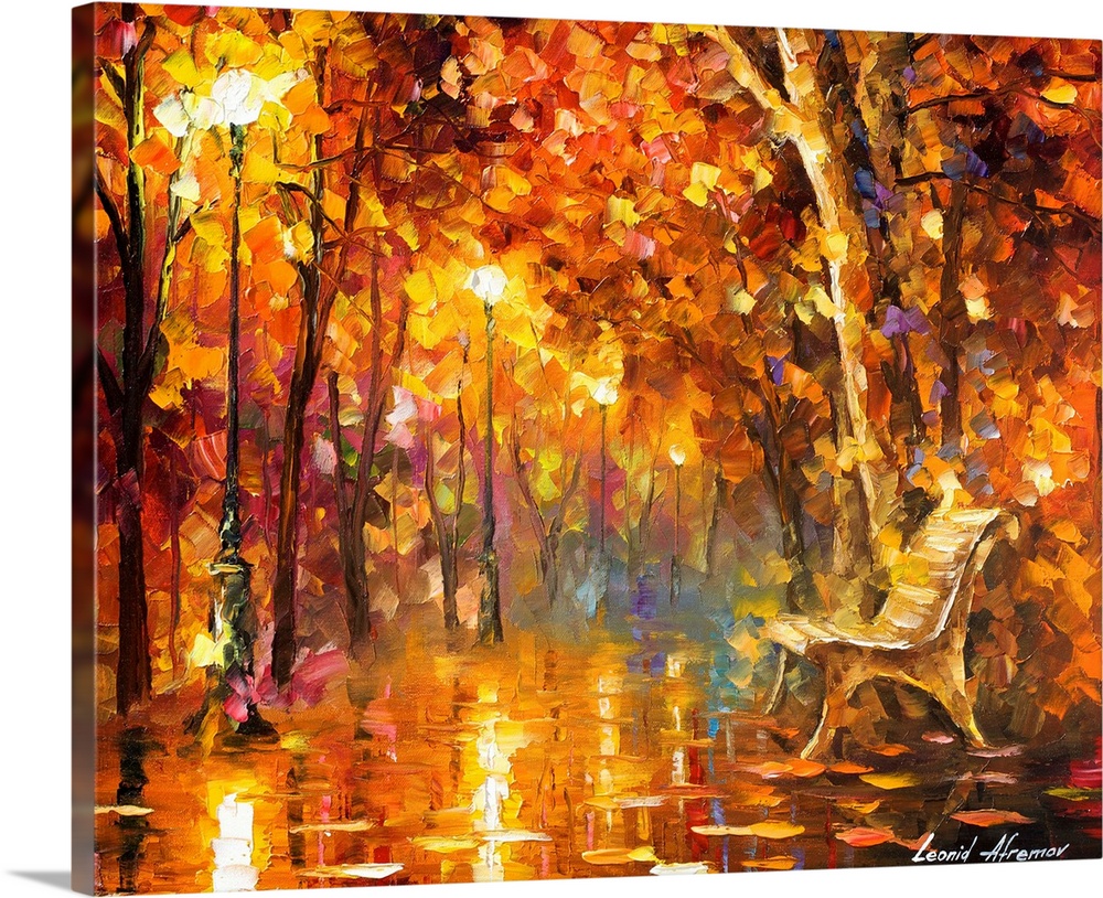 Contemporary colorful painting of an empty bench sitting along a wet sidewalk reflecting all the light posts and trees aro...