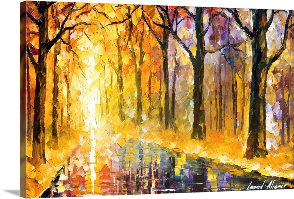 Contemporary painting of a tree line road wet and reflective after an autumn rain.