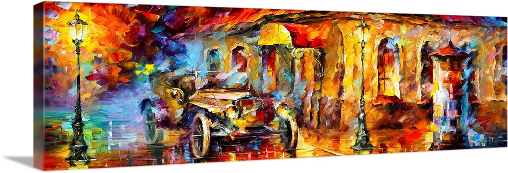 Contemporary art print of a classic car on the streets of a brightly lit city made up of large brushstrokes.