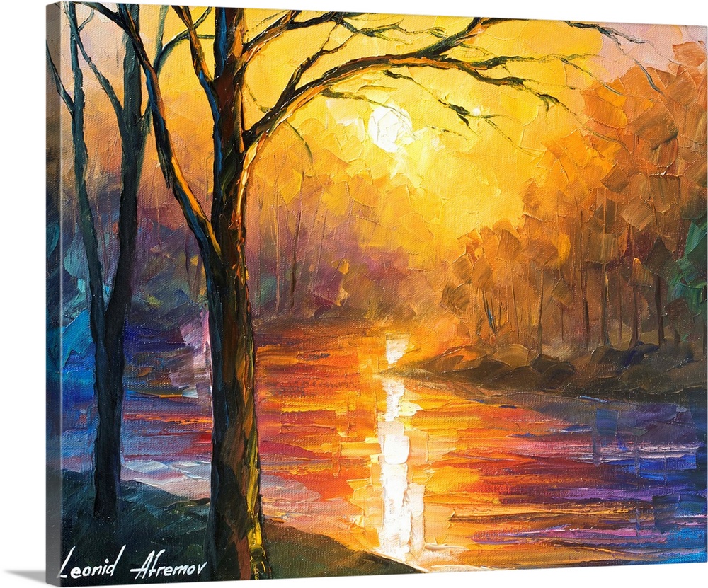 Contemporary colorful painting of the sun setting over a foggy forested river clearing.