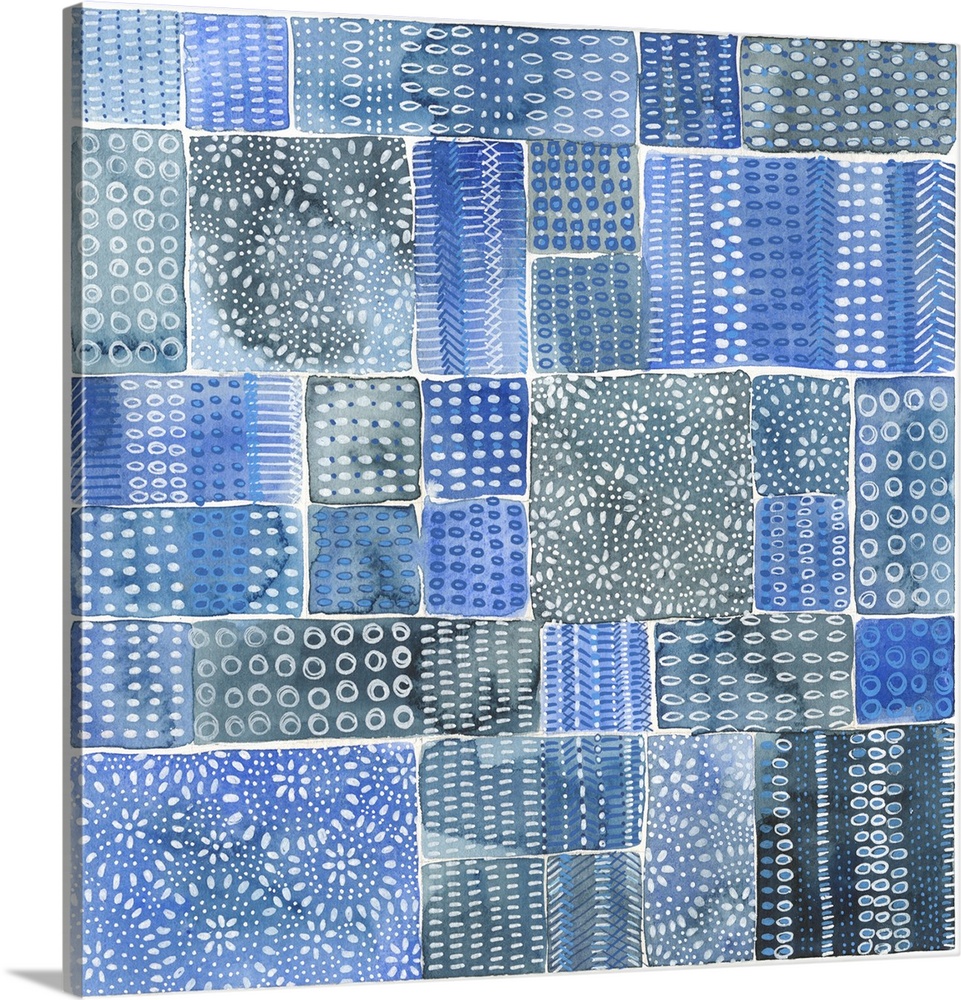 Abstract batik patterns in shades of indigo, cobalt and gray, Shibori inspired.