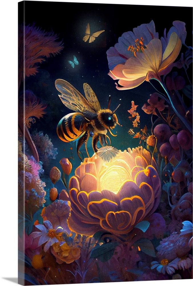 This image by JK Stewart for Duirwaigh Studios features a bumblebee in a floral garden at night.