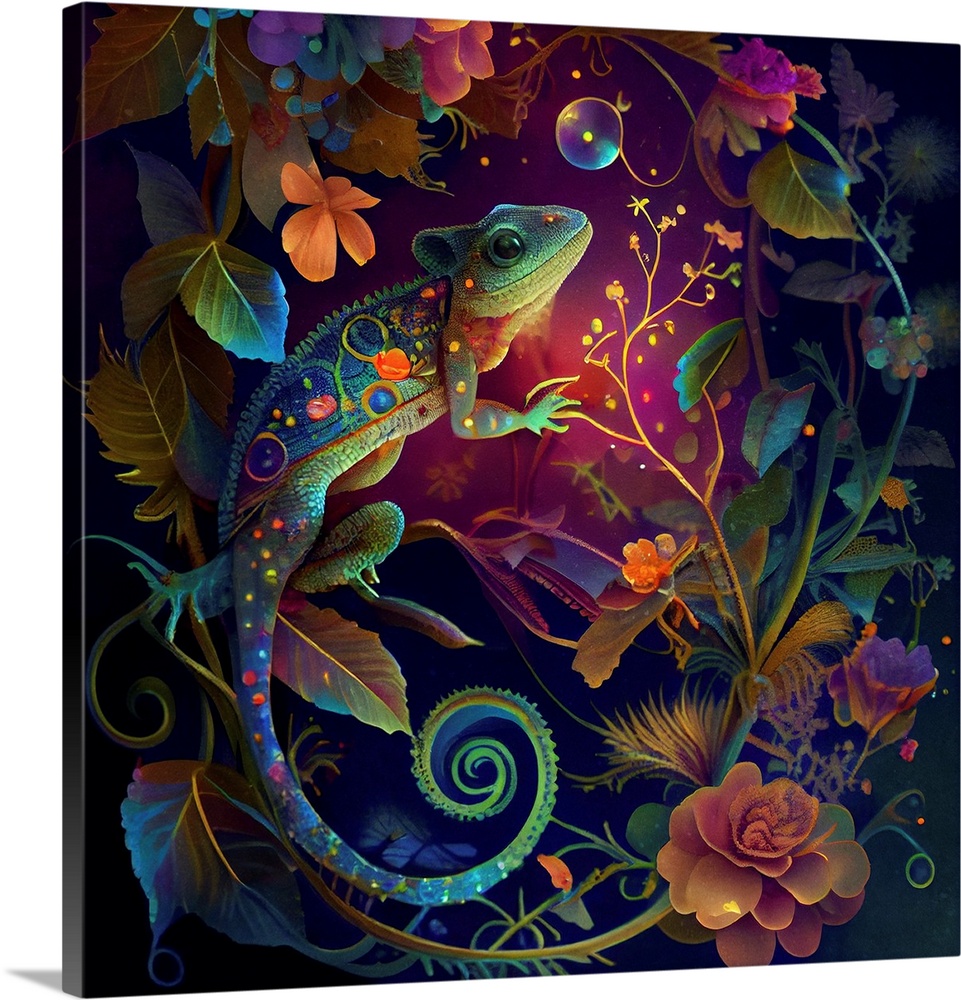 This image by JK Stewart for Duirwaigh Studios is of a chameleon surrounded by florals.