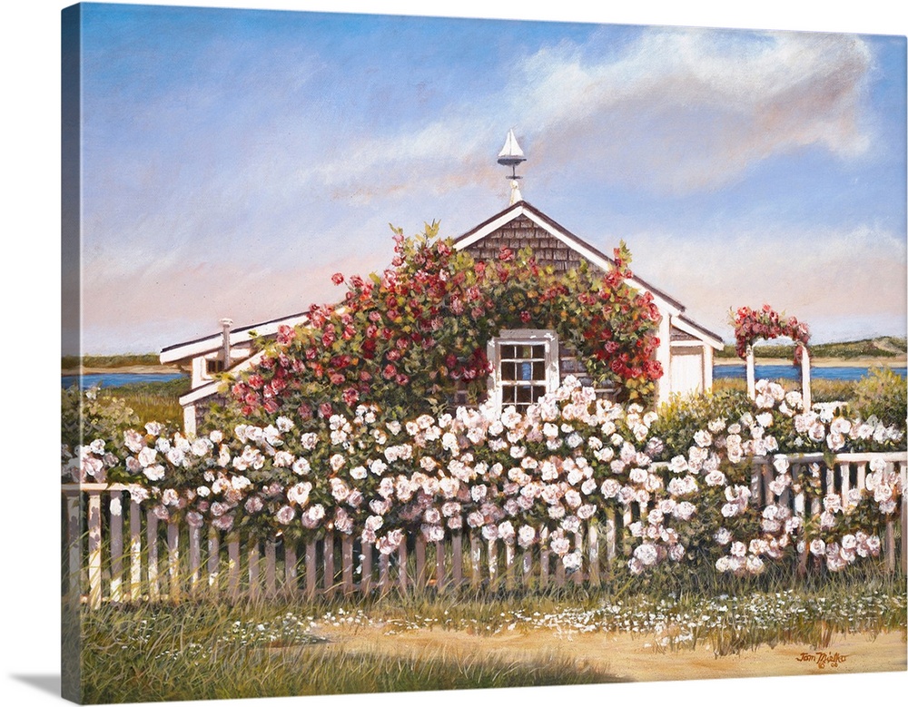 Waterfront house with roses and fence