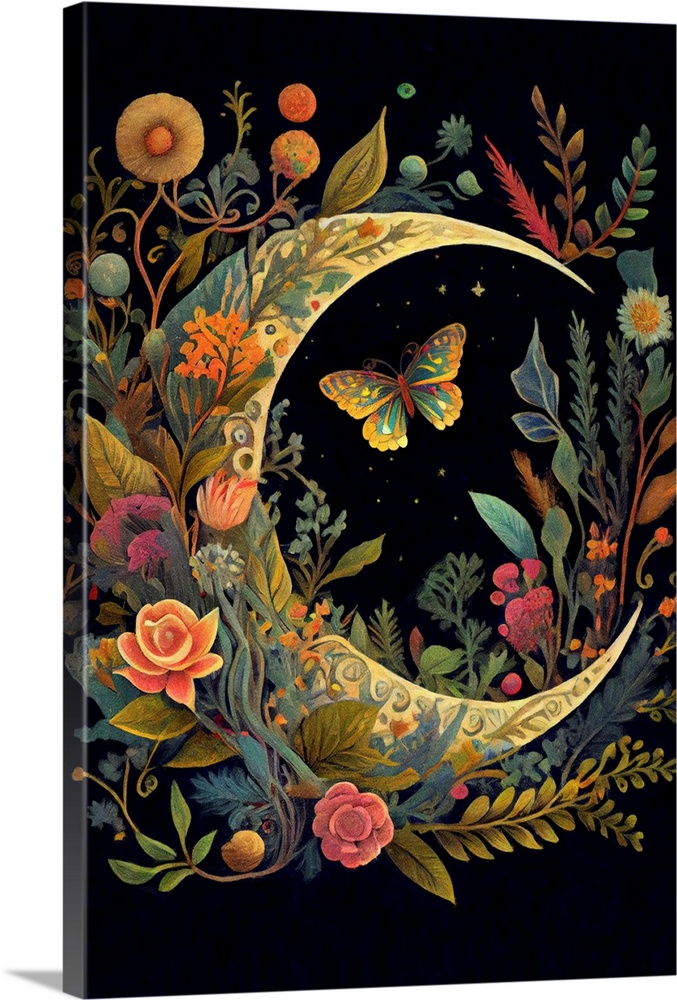 This image by JK Stewart for Duirwaigh Studios of a botanical moon with a butterfly.