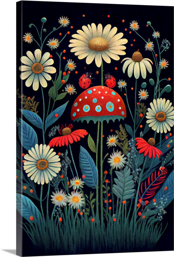 This image by JK Stewart for Duirwaigh Studios of a mushroom and ladybugs in a field of daisies.