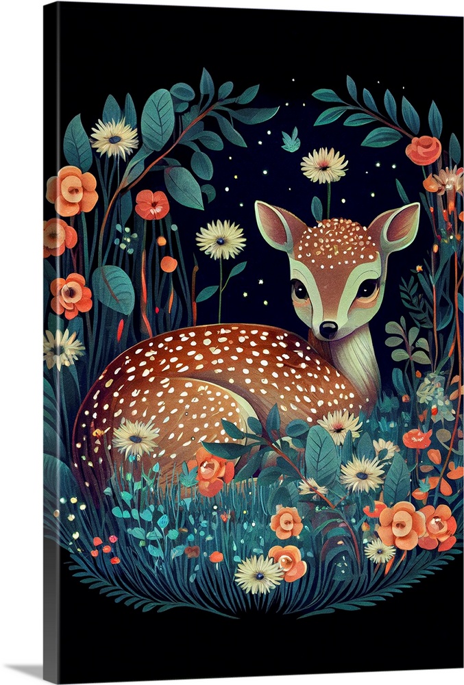 This image by JK Stewart for Duirwaigh Studios of a deer resting in a field of flowers.
