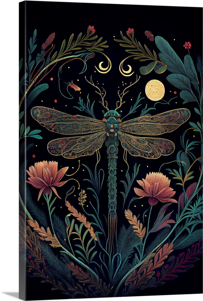 This image by JK Stewart for Duirwaigh Studios features a dragonfly enshrined with florals.