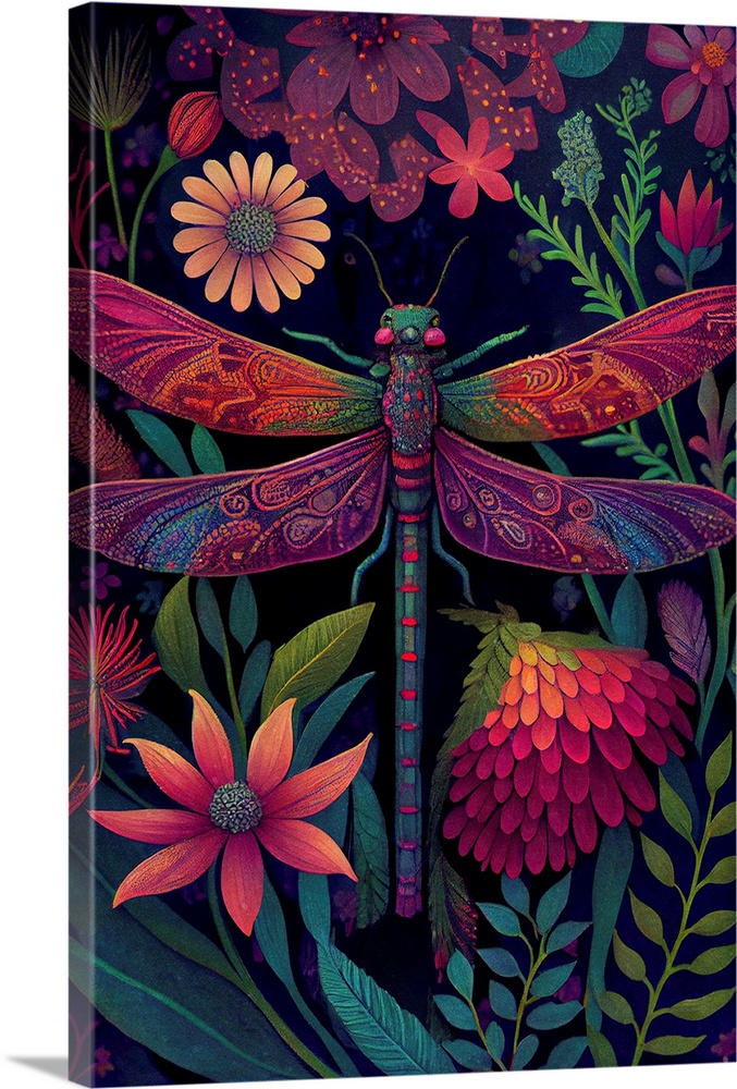 This image by JK Stewart for Duirwaigh Studios is of a pink dragonfly surrounded by florals.