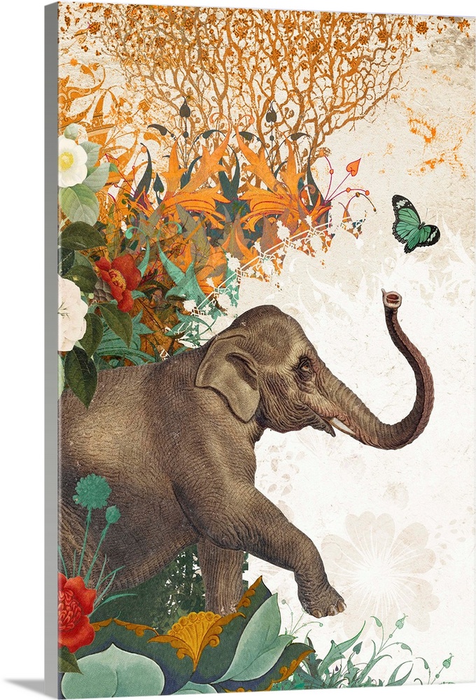 Elephant and butterfly with ornate background