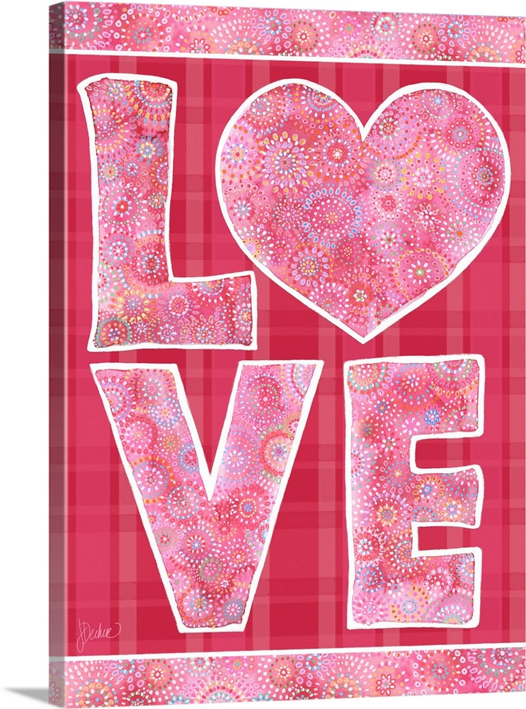 Love design in pink on plaid. Decorative lettering and patterns.