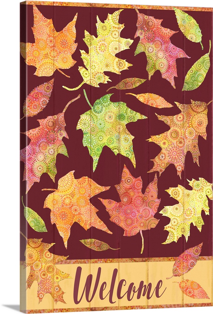 Welcome fall with colorful patterned leaves on rich maroon painted board background.