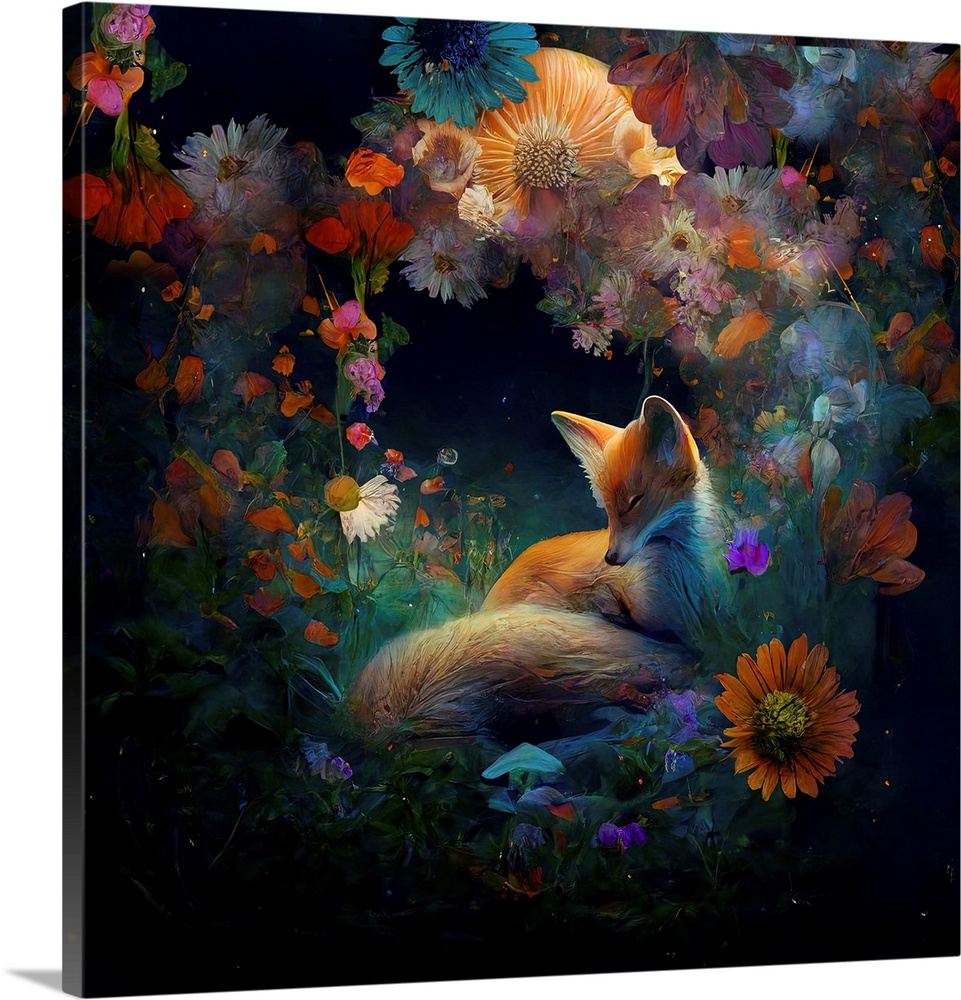 This image by JK Stewart for Duirwaigh Studios is of a fox lying in a field of flowers.