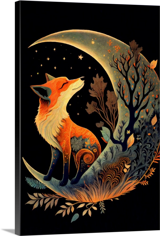 This image by JK Stewart for Duirwaigh Studios is of a fox on a crescent moon.