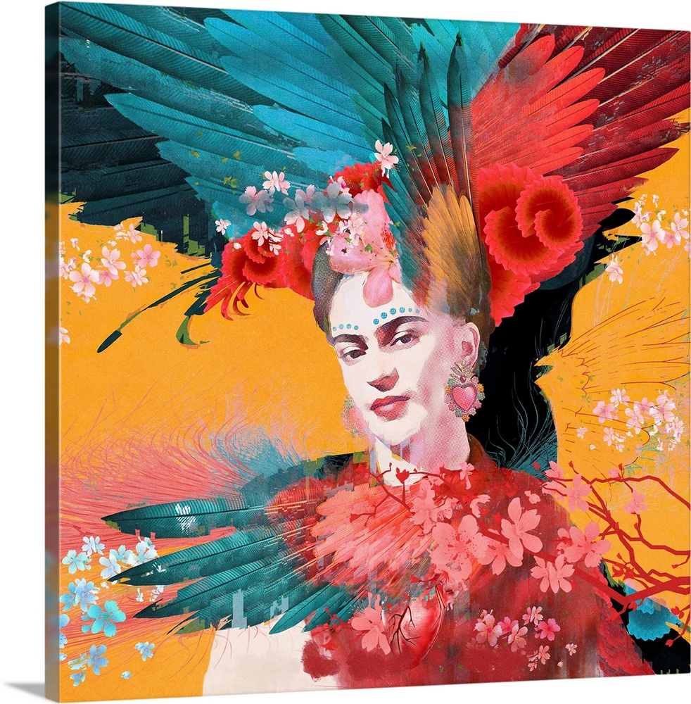 Frida with feathers and flowers