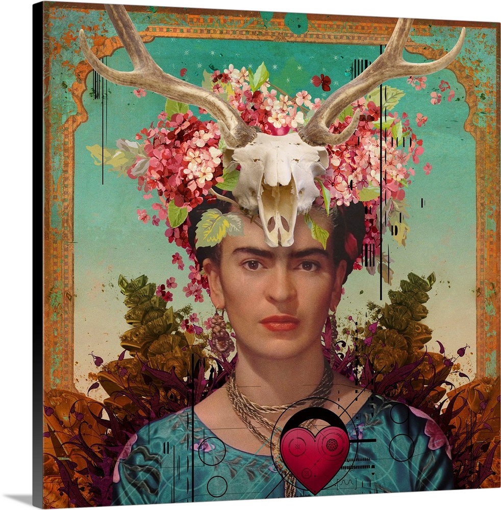 Frida with a skull and flower head piece with ornate border and background