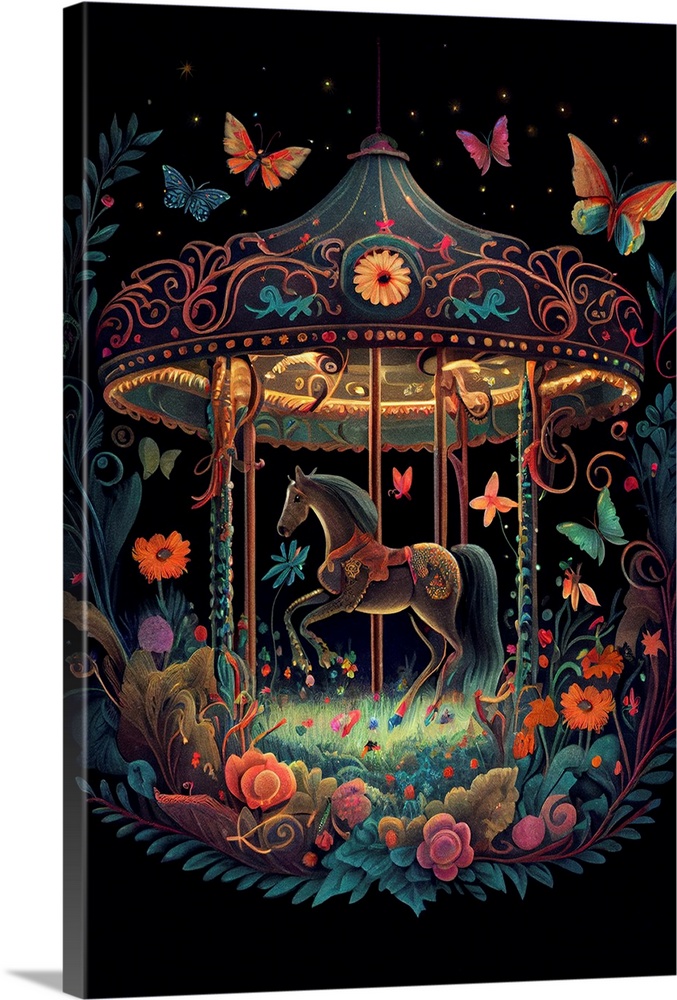 This image by JK Stewart for Duirwaigh Studios is of a glowing carousel with a horse and butterflies.