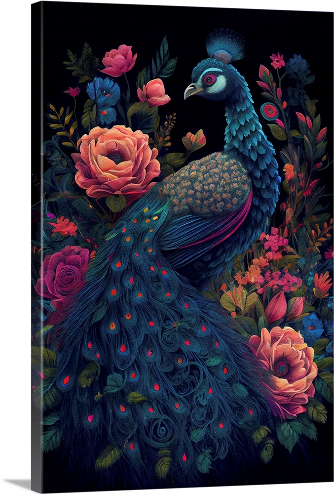 This image by JK Stewart for Duirwaigh Studios is of a peacock surrounded by florals.