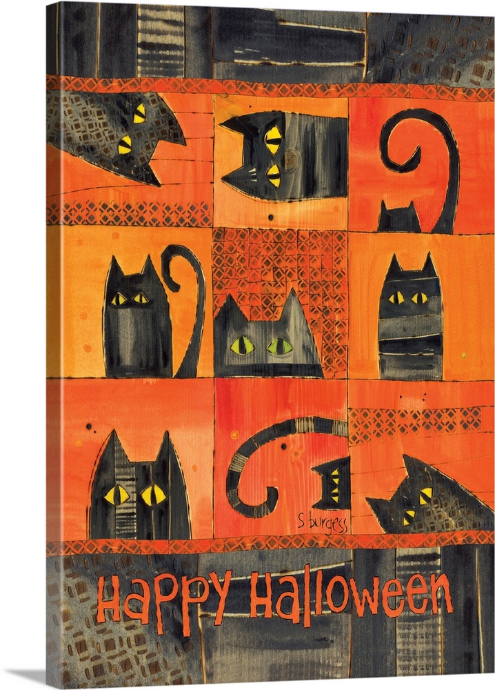 Black cats on orange background with saiying