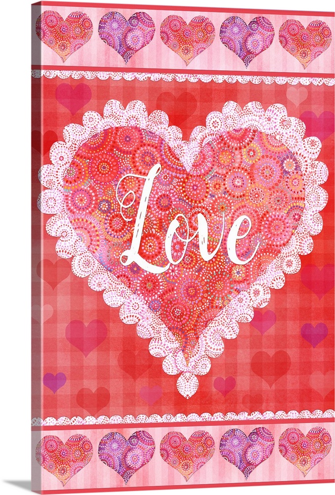 Heart design in pinks, reds and purples. Playful patterns and textures.