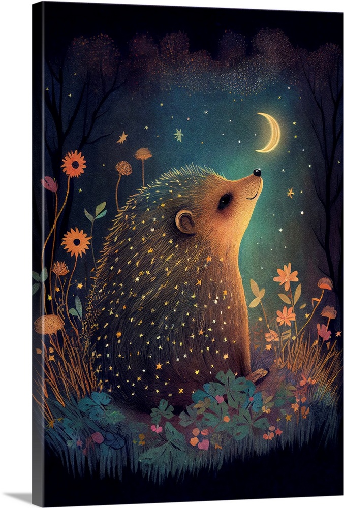 This image by JK Stewart for Duirwaigh Studios is of a hedgehog in the moonlight.