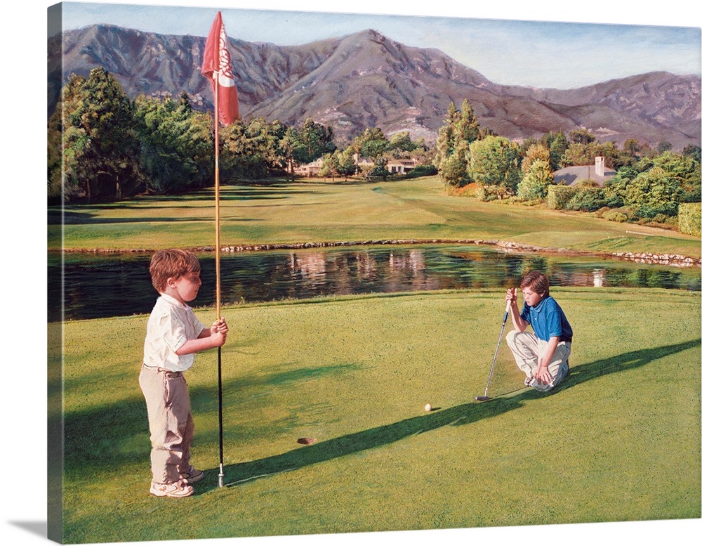 Two children playing golf on golf course with resort buildings and pond in the background.