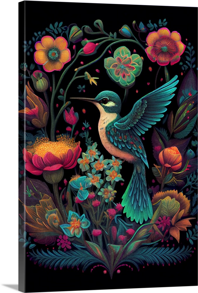 This image by JK Stewart for Duirwaigh Studios is of a hummingbird surrounded by an assortment of florals.