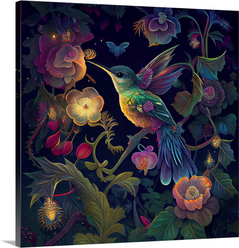 This image by JK Stewart for Duirwaigh Studios is of a hummingbird with glowing florals.