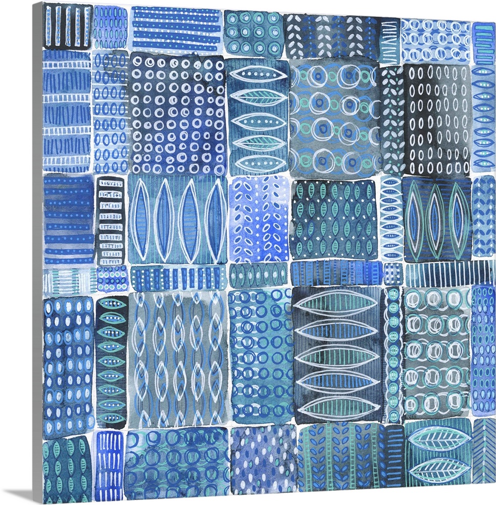 Abstract batik patterns in shades of indigo, cobalt, teal and gray, Shibori inspired.