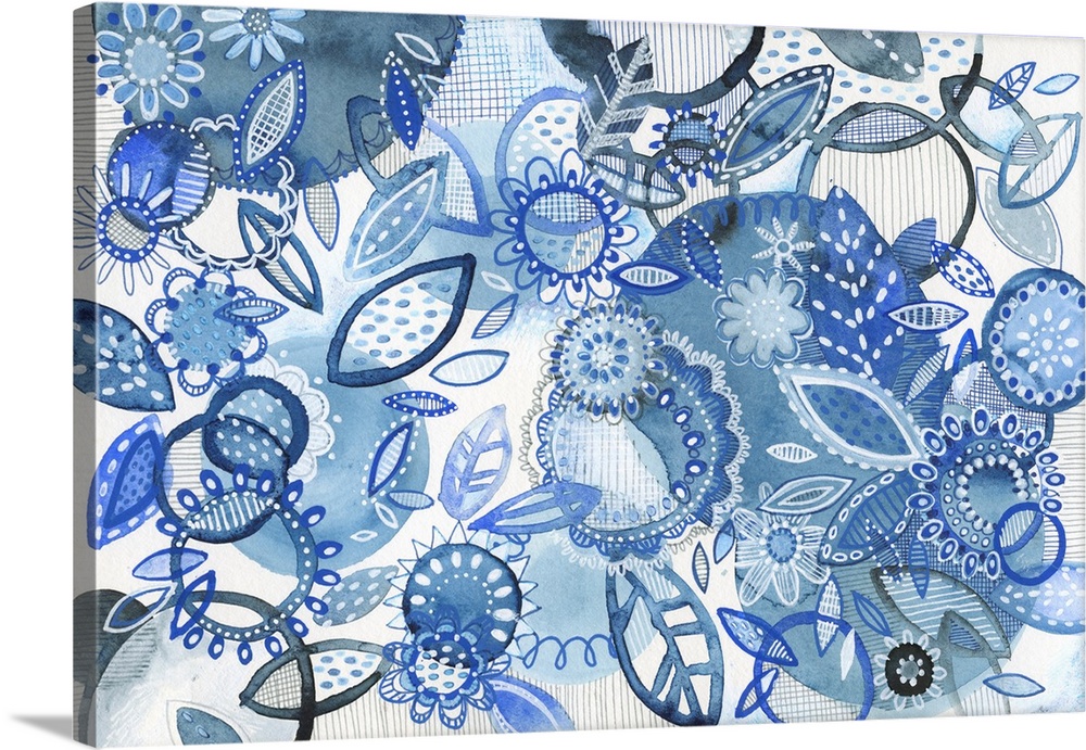 Floral abstract Watercolor in shades of indigo. Mixed Media.