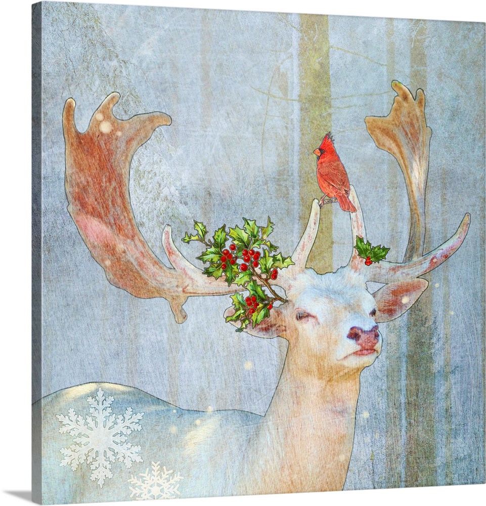 Stag deer with holly and cardinal in snow with snowflakes
