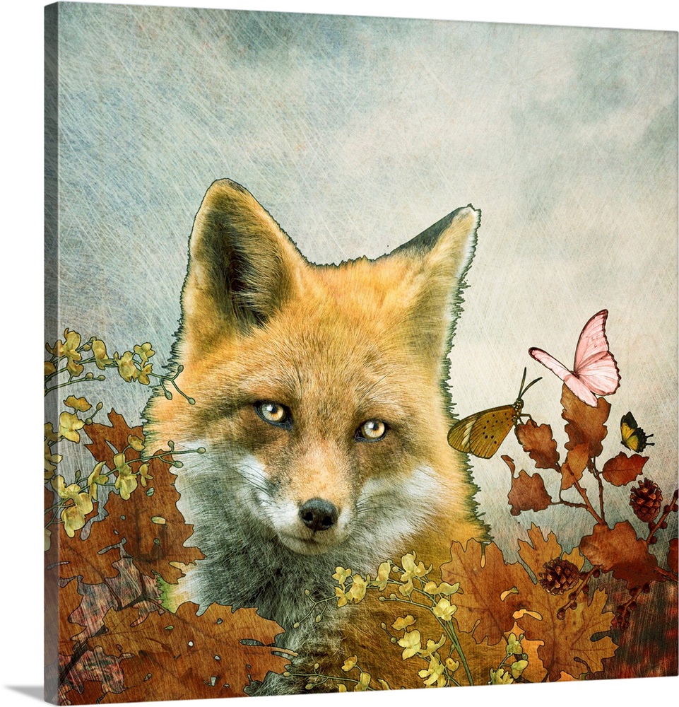 Fox with butterflies with leaves and foliage