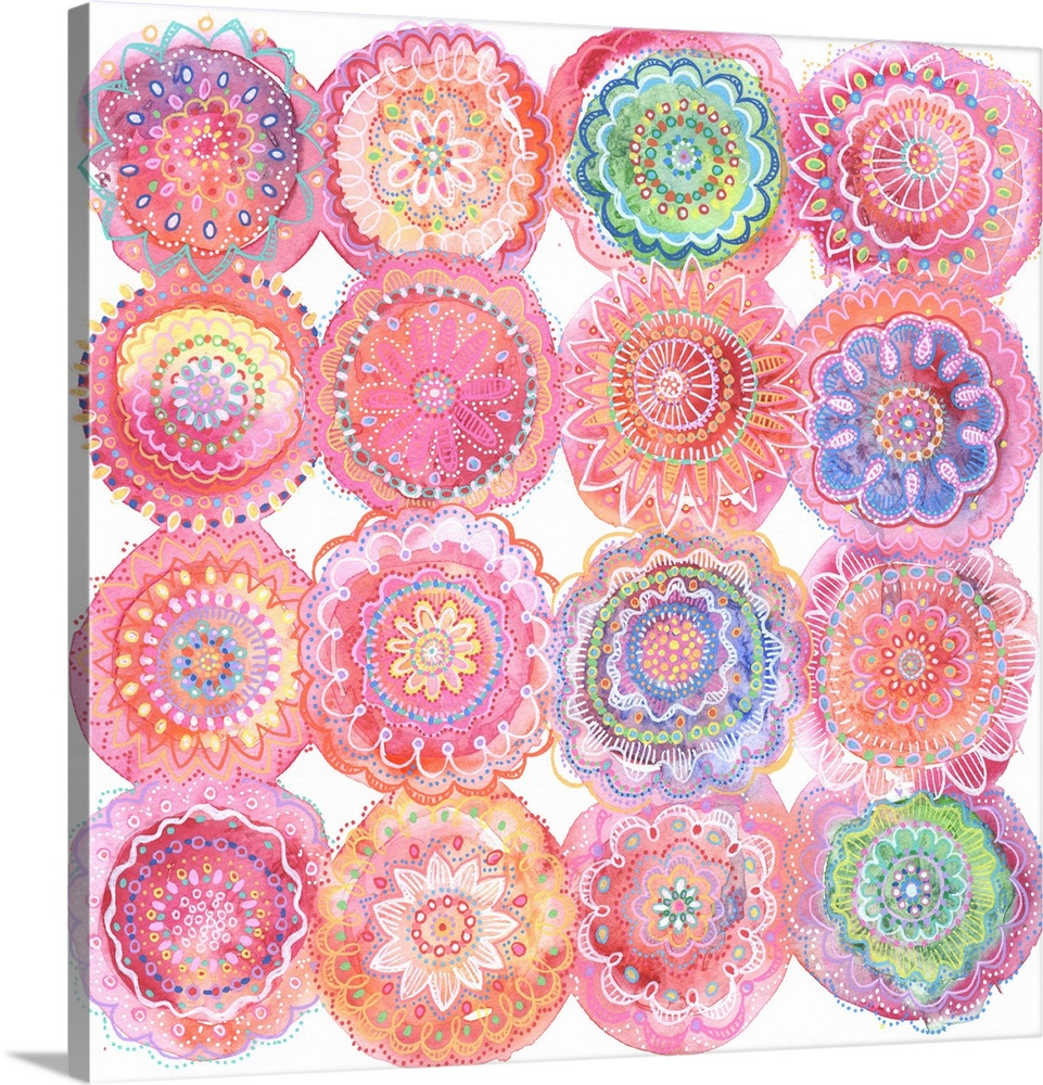 Abstract Mixed Media of floral inspired mandalas. Detailed line work on pink watercolor bursts.