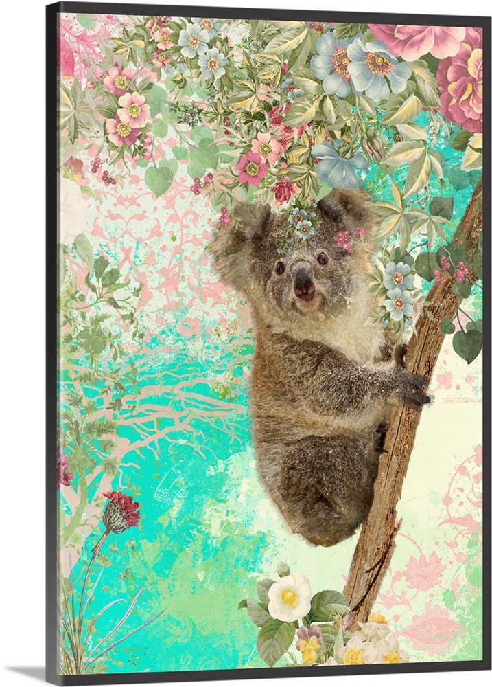 Koala with flowers and ornate background