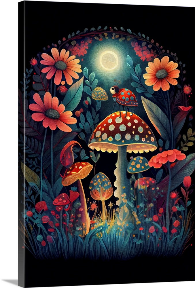 This image by JK Stewart for Duirwaigh Studios is of a ladybug on a mushroom in the moonlit.