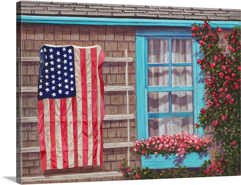American flag on siding of house next to a window with window flower box.