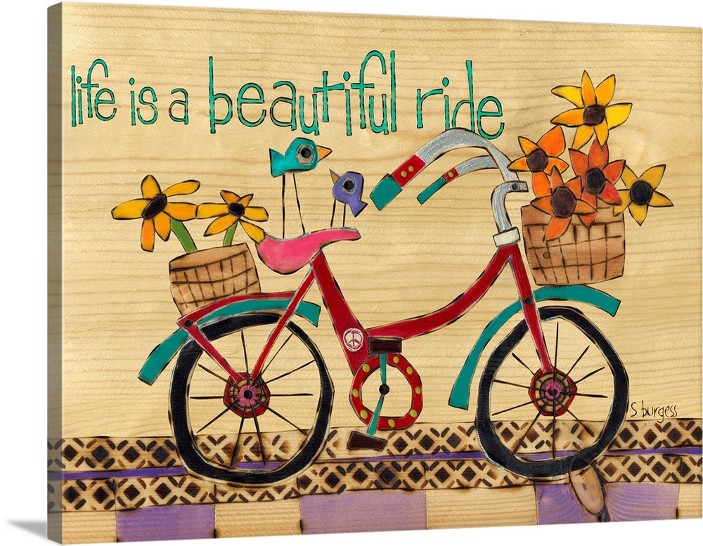 Bike with basket full of flowers and saying