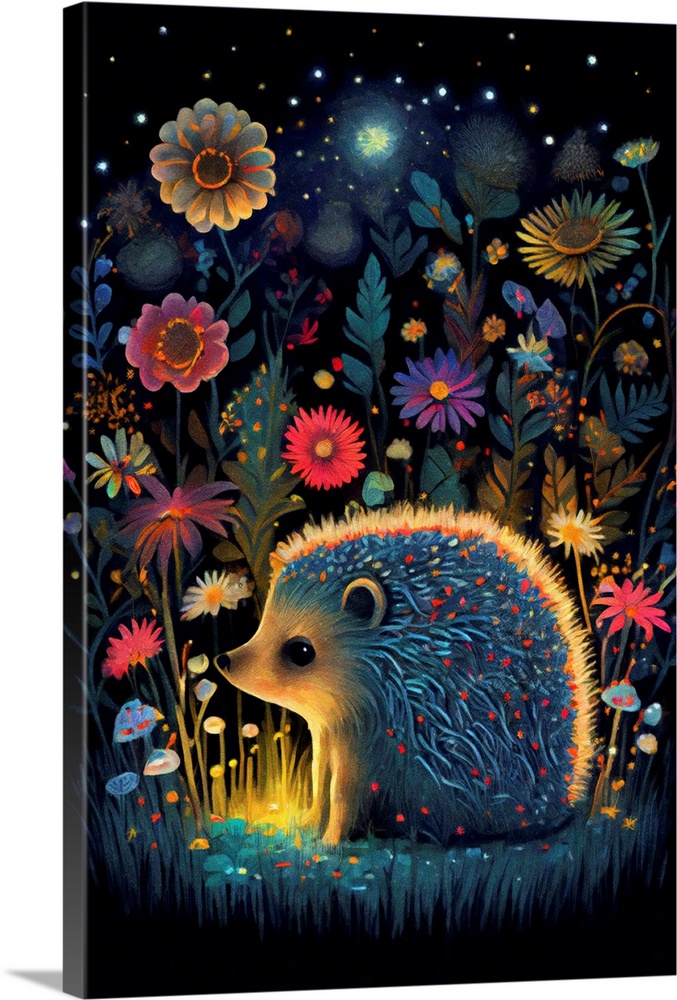 This image by JK Stewart for Duirwaigh Studios is a hedgehog in a field of flowers.