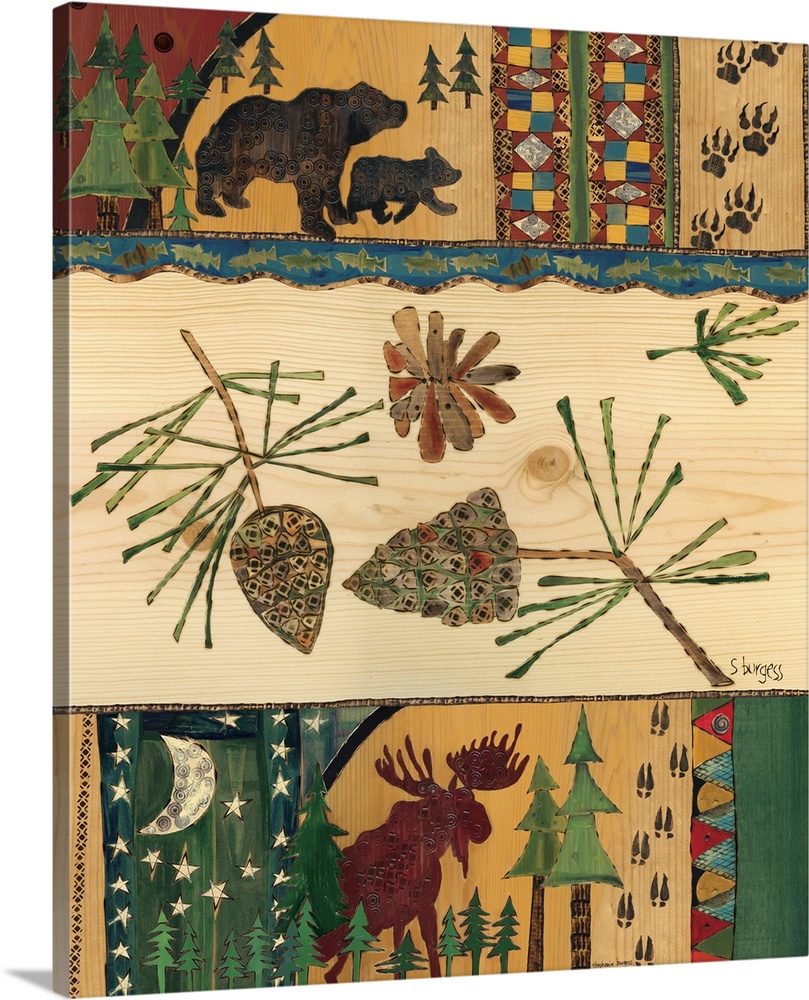 Bears, moose and pinecones in a forest scene with patterns.