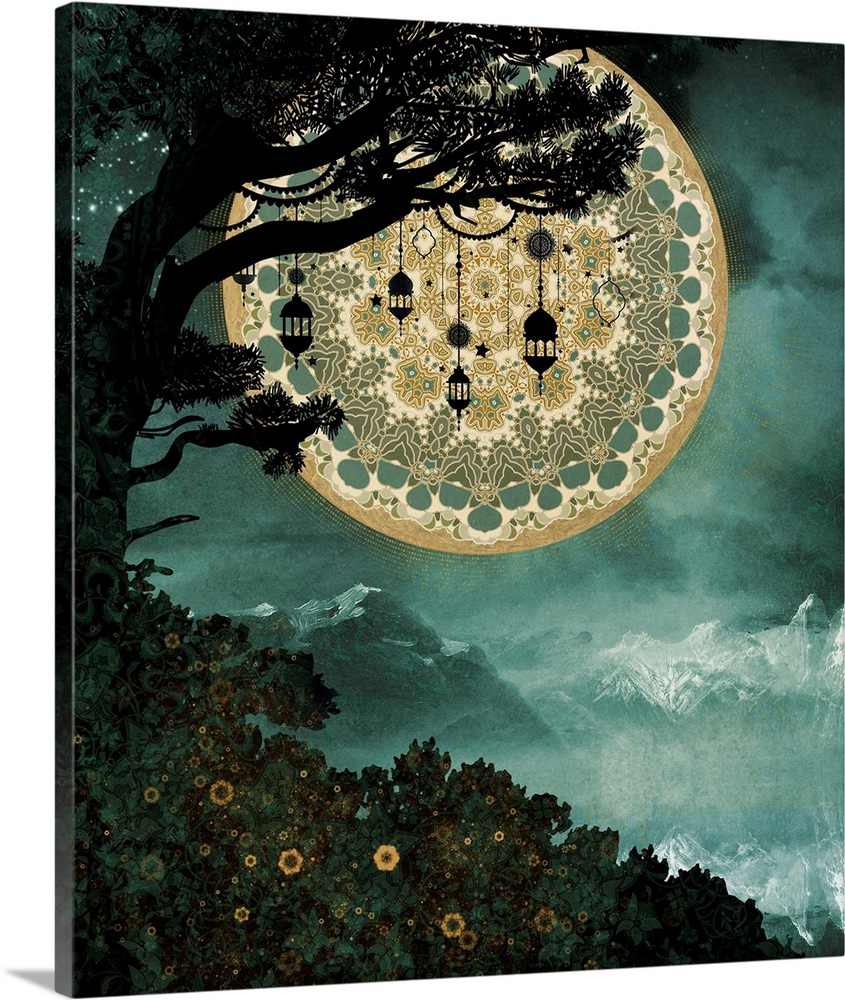 Tree with lanterns and mandala moon with mountains and flowers