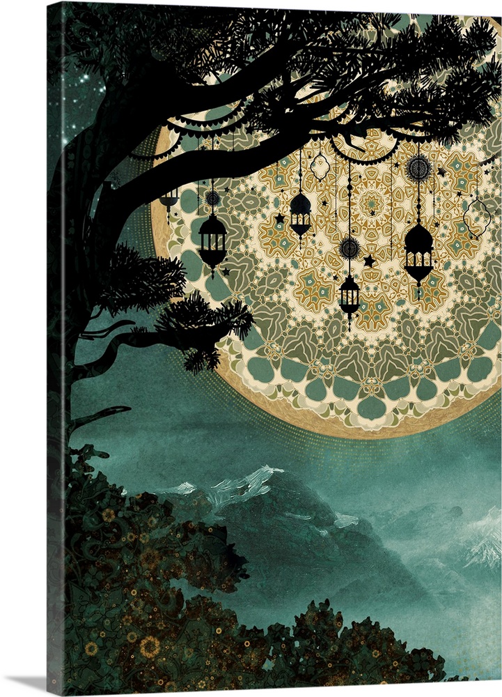 Tree with lanterns and mandala moon with mountains and flowers