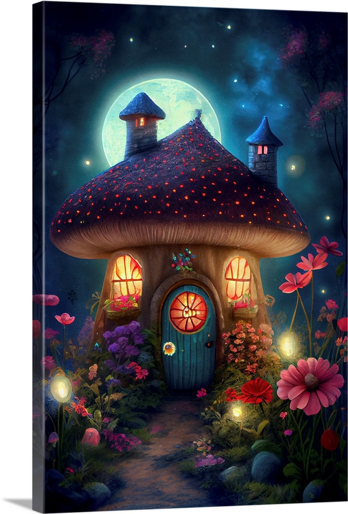This image by JK Stewart for Duirwaigh Studios is of a mushroom house and garden at night.