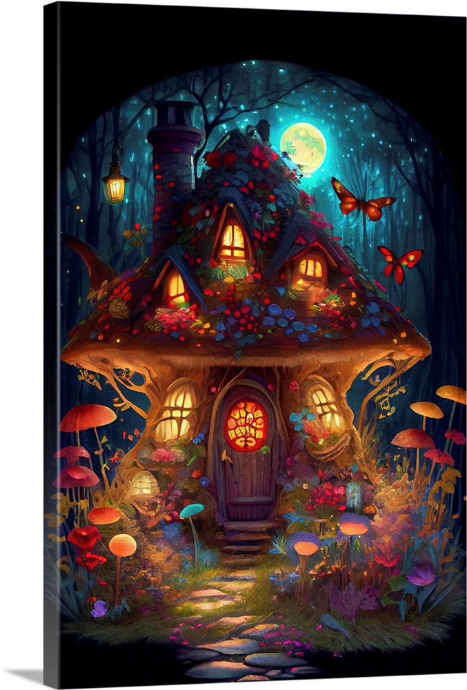 This image by JK Stewart for Duirwaigh Studios is of a mushroom house and garden at night.