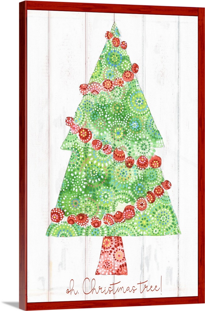 Festive tree on a green on a white washed shiplap. Green and red watercolor patterns.